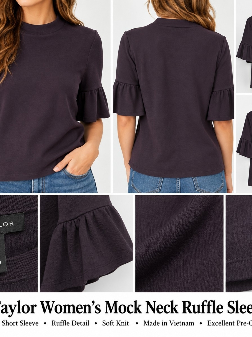 Ann Taylor Mock Neck Ruffle Sleeve Top - Plum